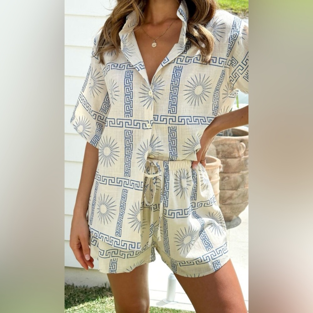 Charli Button Up Shirt and Shorts Set - Beige/Blue Print - XS / Beige/Blue Print